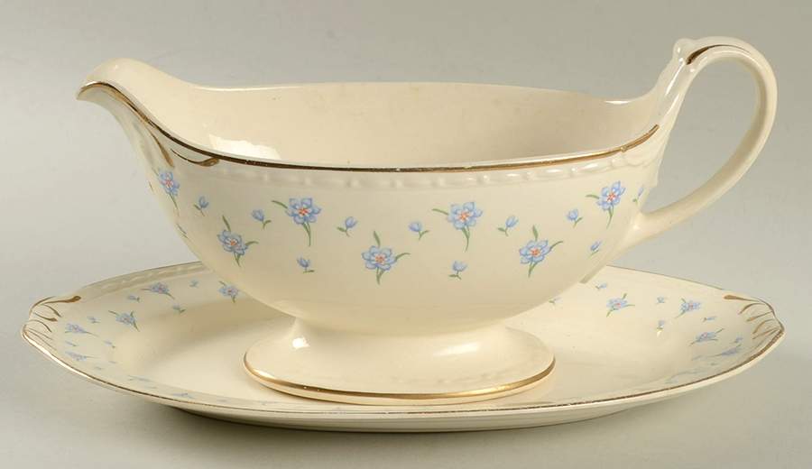 Forget-Me-Not (Gold Trim) Gravy Boat & Underplate by Homer Laughlin -1
