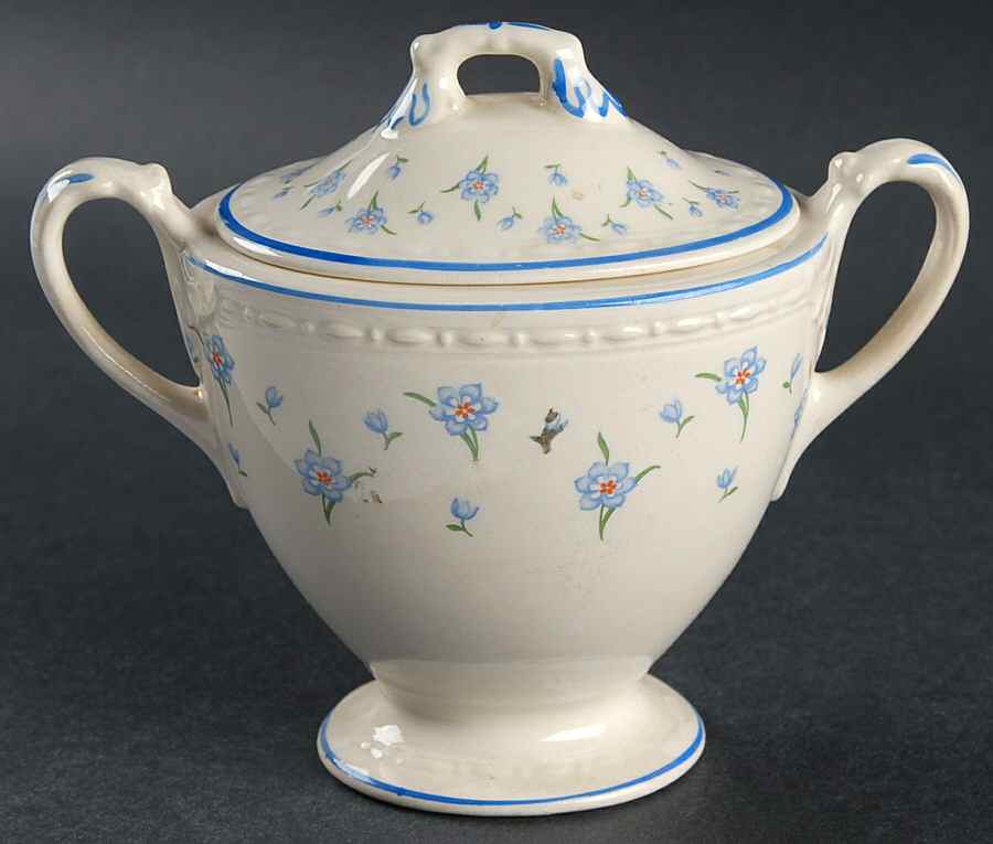 Forget-Me-Not (Blue Trim) Sugar Bowl & Lid by Homer Laughlin -1