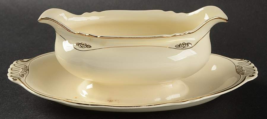 Gold Rose Gravy Boat with Attached Underplate by Homer Laughlin -1