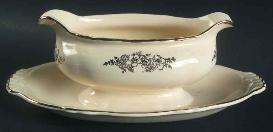 Golden Rose 2 (Virginia Rose Shape) Gravy Boat with Attached Underplate by Homer Laughlin -1