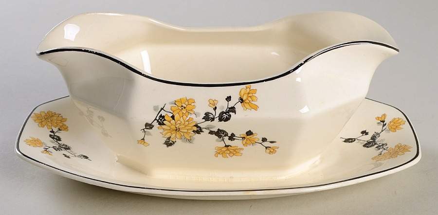 Golden Rose (Yellow Floral) Gravy Boat with Attached Underplate by Homer Laughlin -1