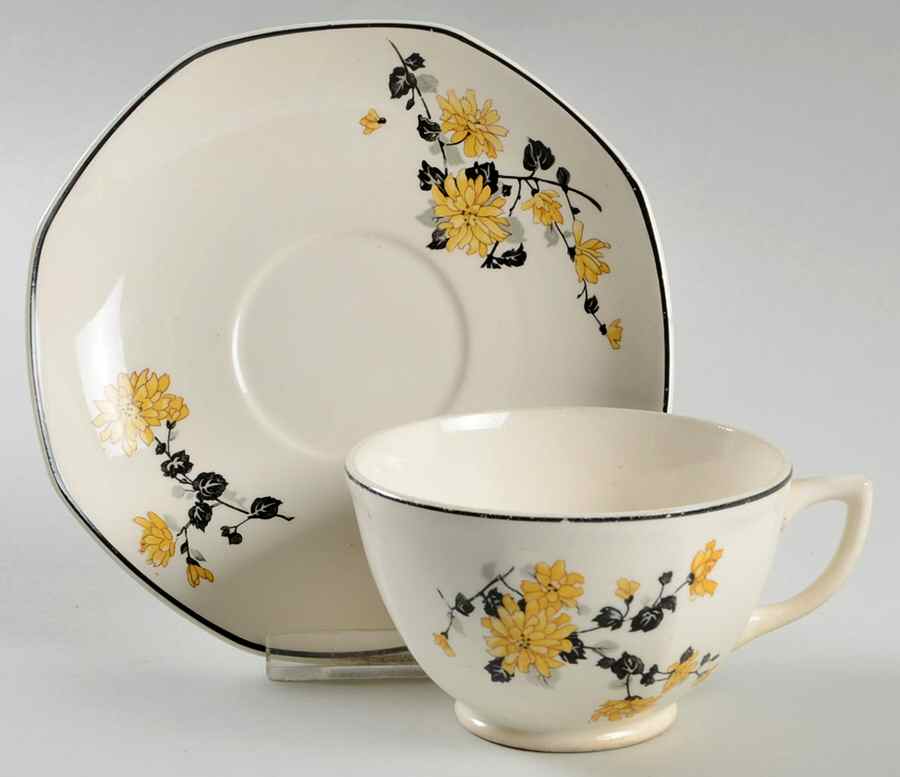 Golden Rose (Yellow Floral) Footed Cup & Saucer Set by Homer Laughlin -1