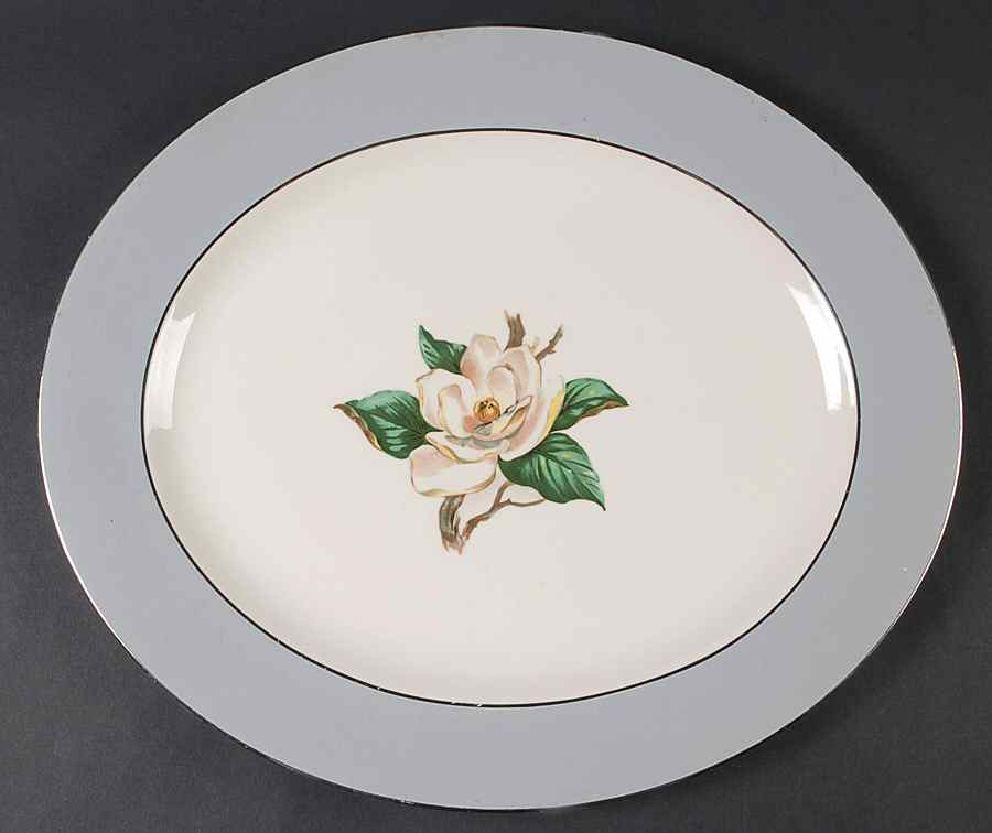 Gray Dawn (White Flower) 15" Oval Serving Platter by Homer Laughlin -1