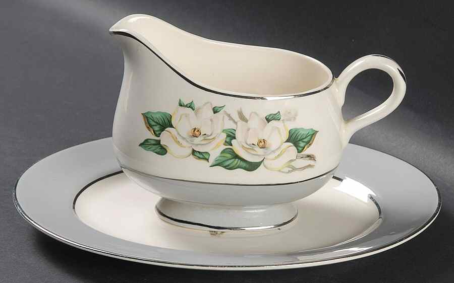 Gray Dawn (White Flower) Gravy Boat & Underplate/Relish by Homer Laughlin -1