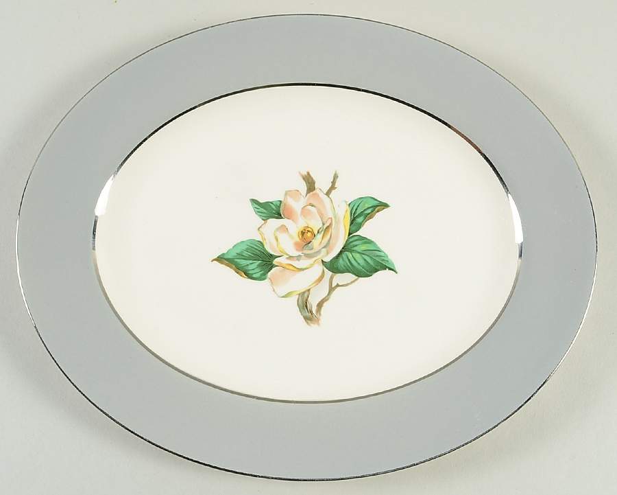 Gray Dawn (White Flower) 11" Oval Serving Platter by Homer Laughlin -1