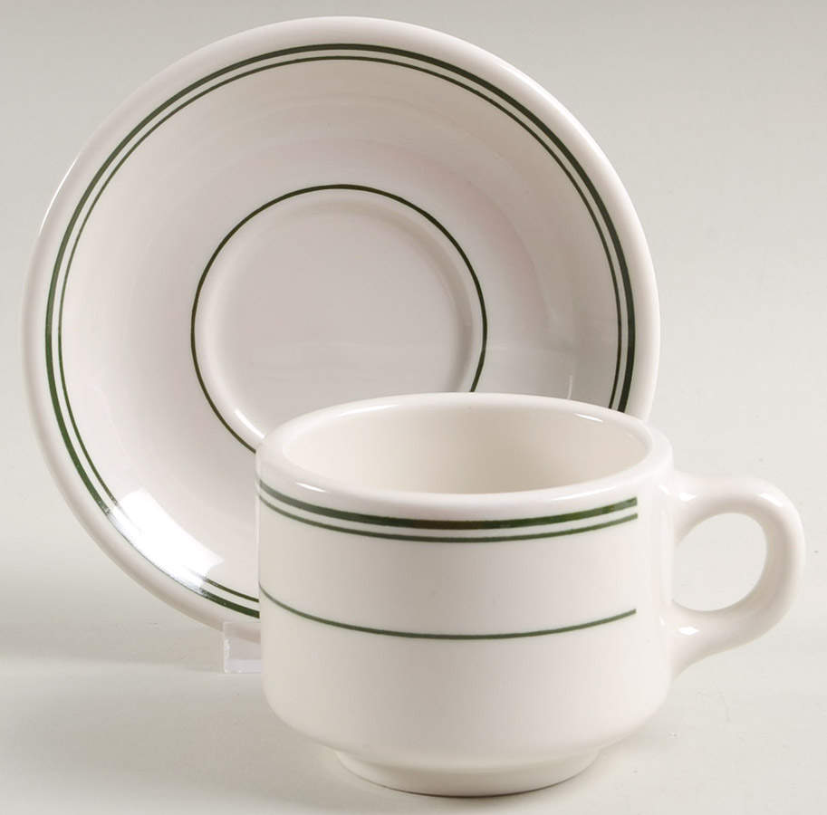 Green Band Footed Cup & Saucer Set by Homer Laughlin -1