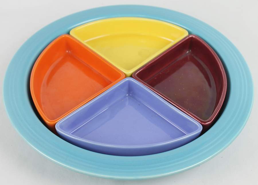 Harlequin Turquoise (Older) Relish Dish with 5-Piece Tray & 4 Inserts by Homer Laughlin -1