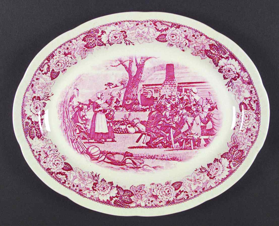 Historical America Red (Scalloped) 13" Oval Serving Platter by Homer Laughlin -1