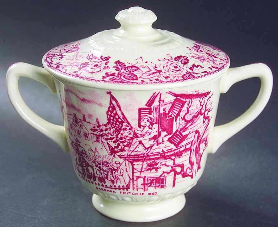 Historical America Red (Scalloped) Sugar Bowl & Lid by Homer Laughlin -1