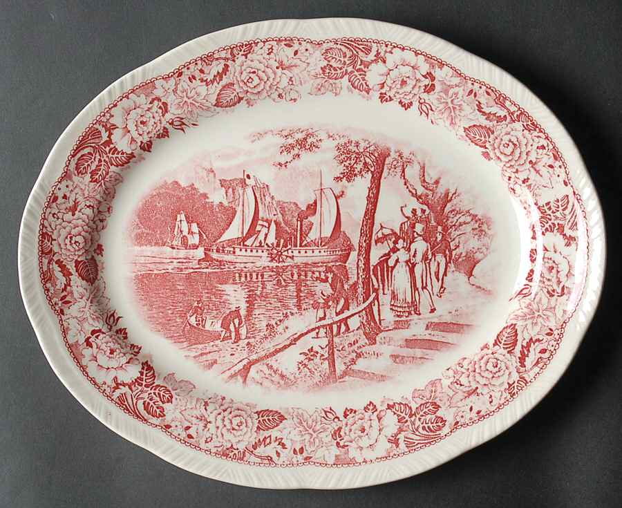 Historical America Red (Scalloped) 11" Oval Serving Platter by Homer Laughlin -1