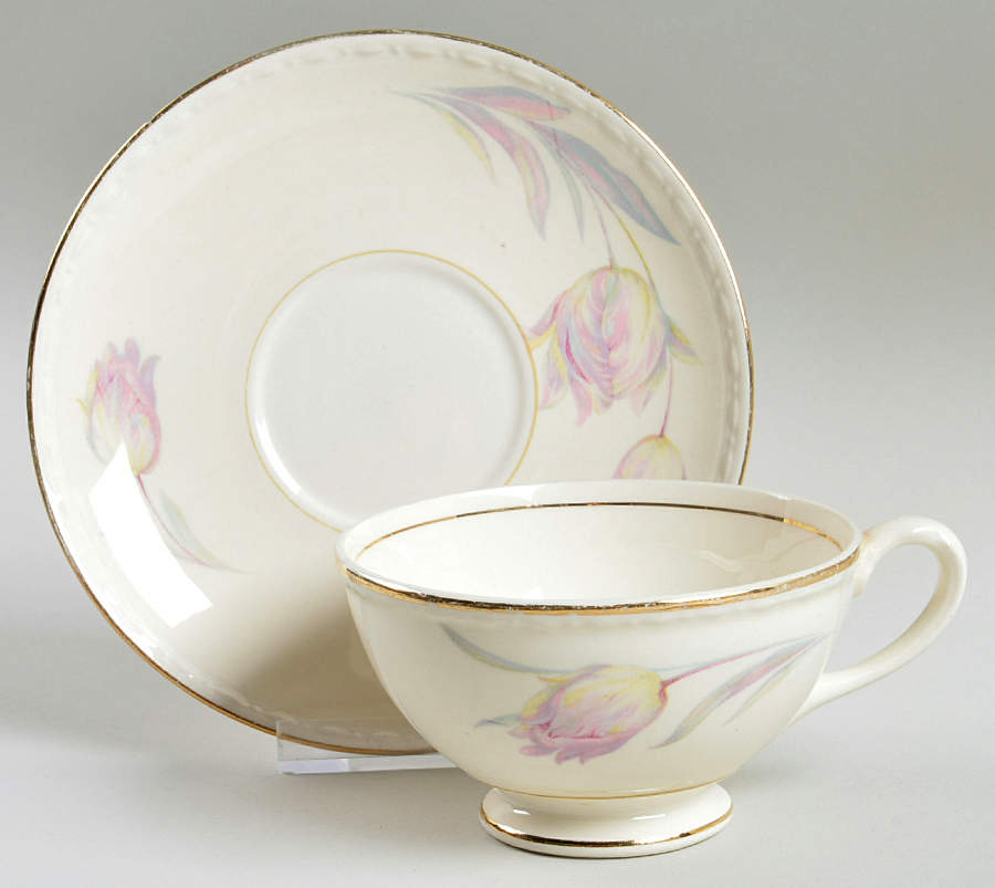 Tulip (Eggshell Georgian) Footed Cup & Saucer Set by Homer Laughlin -1