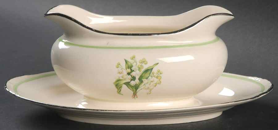 Lily of The Valley (Platinum Trim) Gravy Boat with Attached Underplate by Homer Laughlin -1
