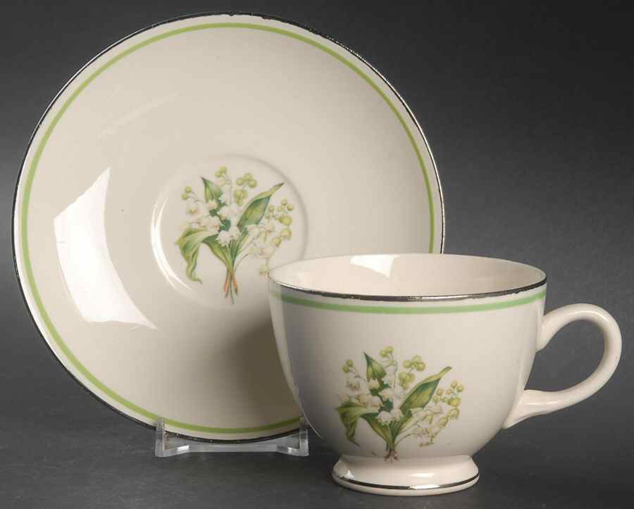 Lily of The Valley (Platinum Trim) Footed Cup & Saucer Set by Homer Laughlin -1