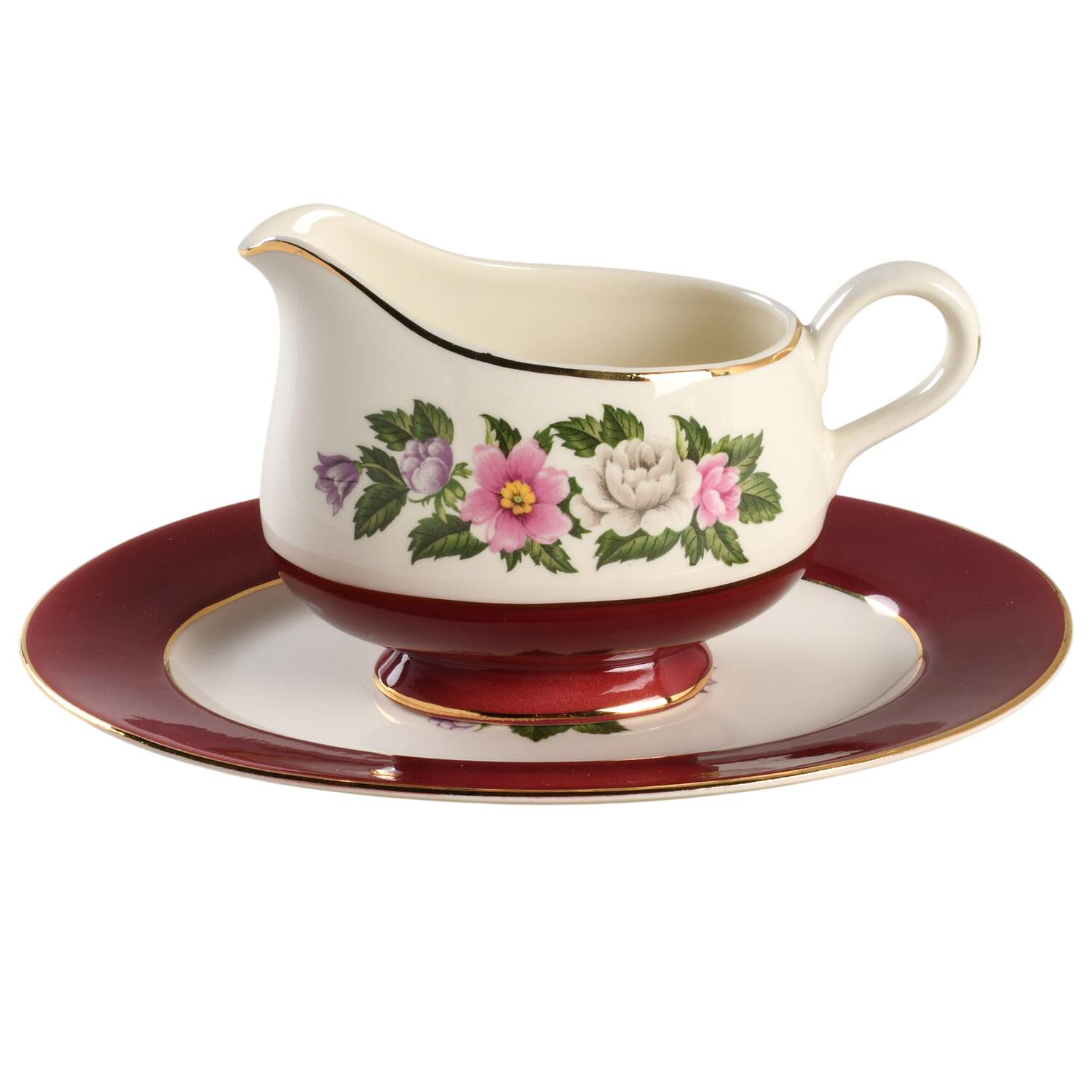 Margaret Rose Maroon Gravy Boat & Underplate/Relish by Homer Laughlin -1