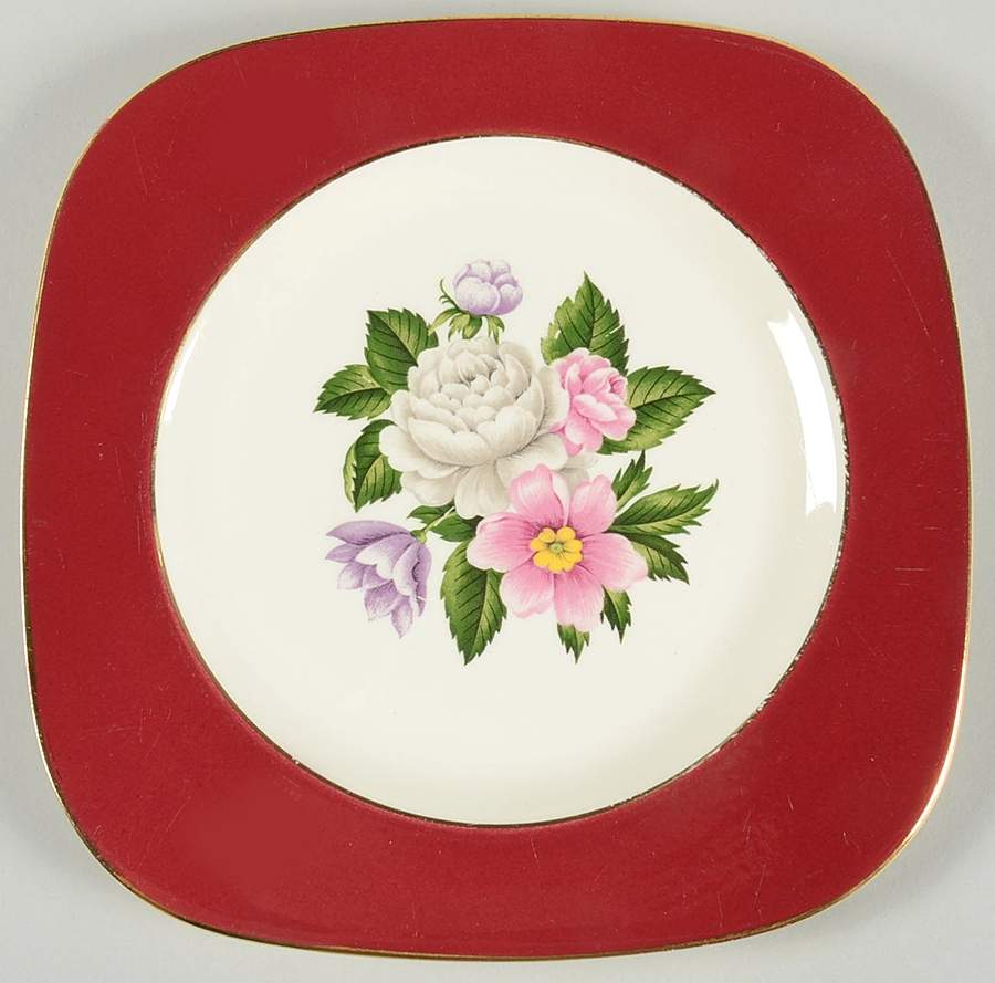 Margaret Rose Maroon Square Salad Plate by Homer Laughlin -1