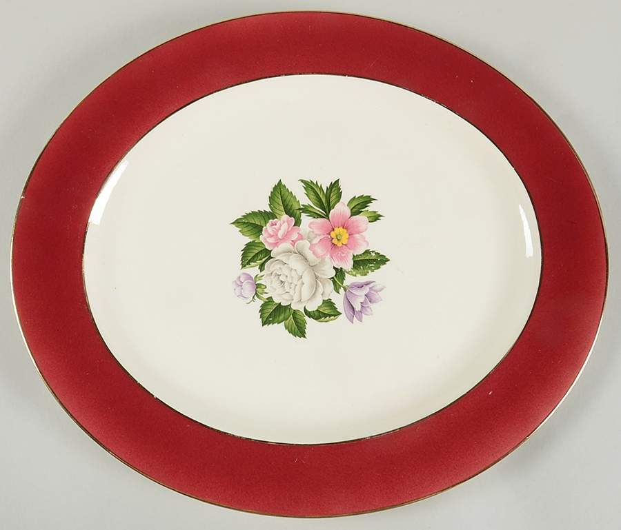 Margaret Rose Maroon 15" Oval Serving Platter by Homer Laughlin -1