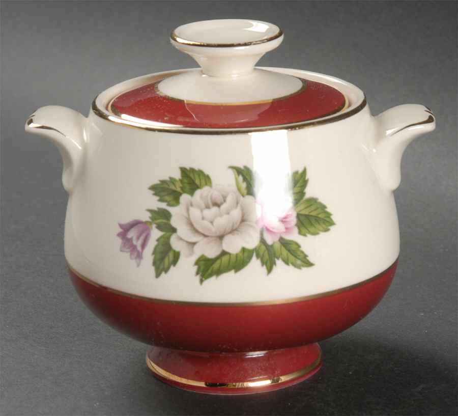 Margaret Rose Maroon Sugar Bowl & Lid by Homer Laughlin -1