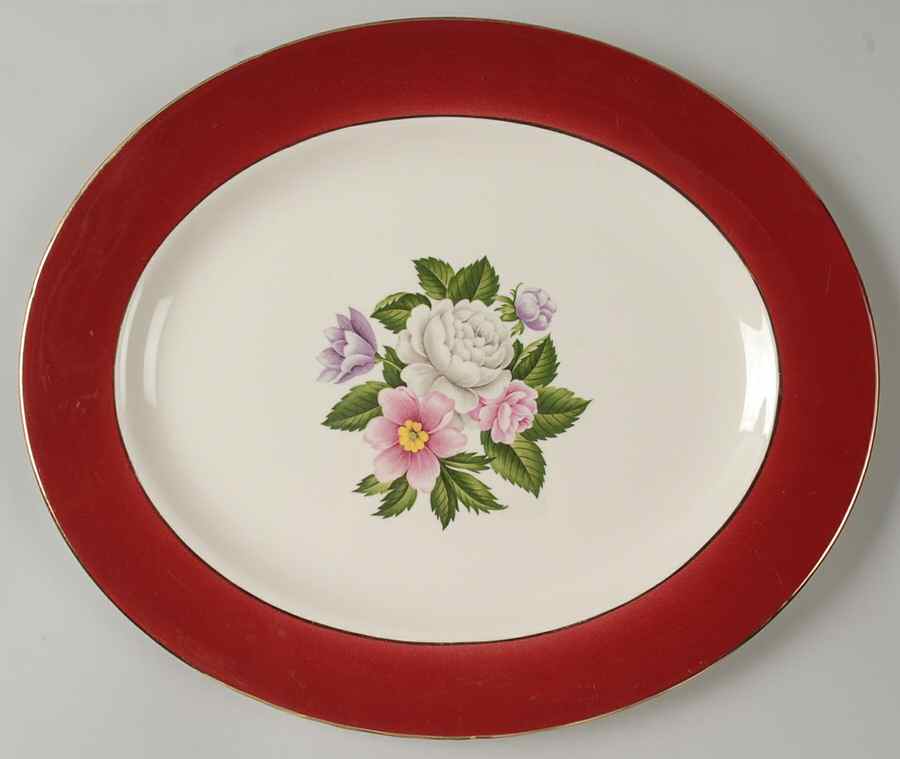 Margaret Rose Maroon 13" Oval Serving Platter by Homer Laughlin -1