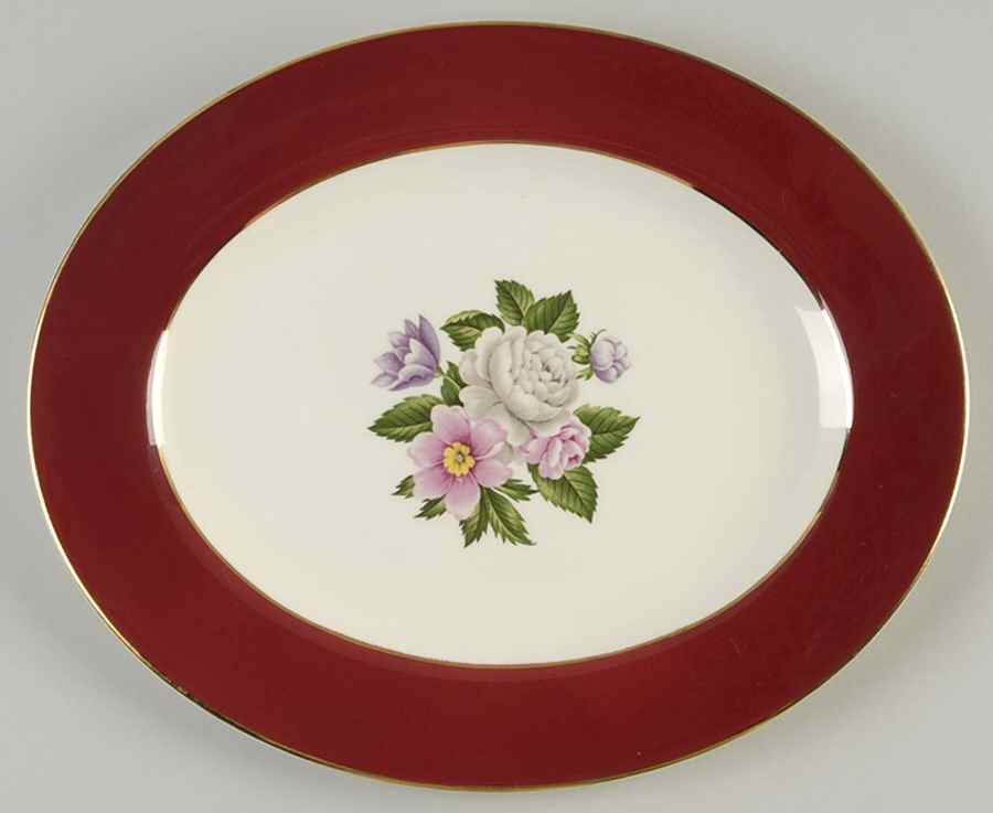 Margaret Rose Maroon 11" Oval Serving Platter by Homer Laughlin -1