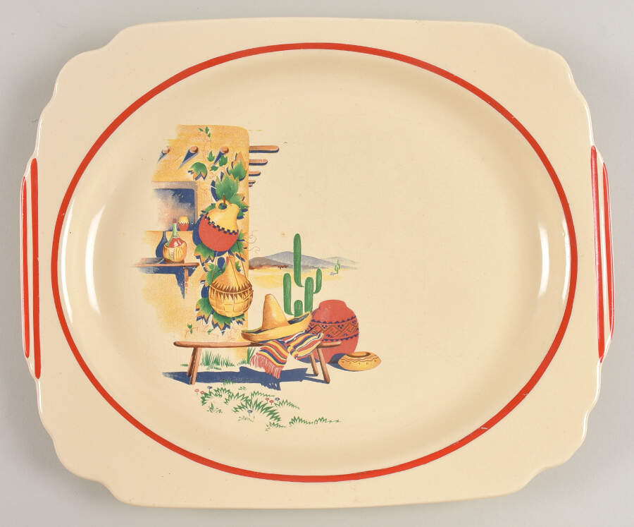 Mexicana (Century, Red Band) 11" Oval Serving Platter by Homer Laughlin -1