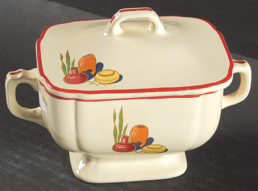 Mexicana (Century, Red Band) Sugar Bowl & Lid by Homer Laughlin -1
