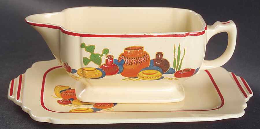 Mexicana (Century, Red Band) Gravy Boat & Underplate/Relish by Homer Laughlin -1