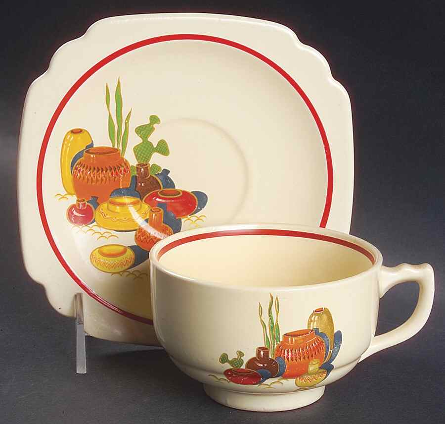 Mexicana (Century, Red Band) Footed Cup & Saucer Set by Homer Laughlin -1