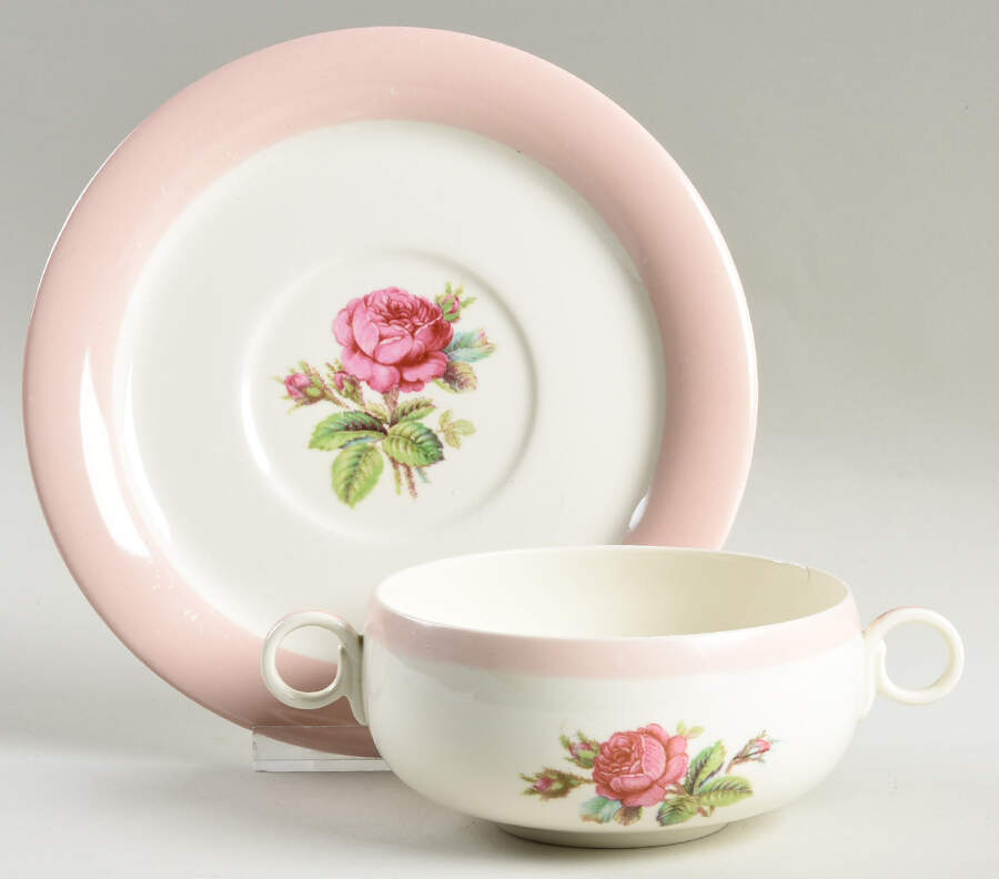 Moss Rose Flat Cream Soup Bowl & Saucer Set by Homer Laughlin -1