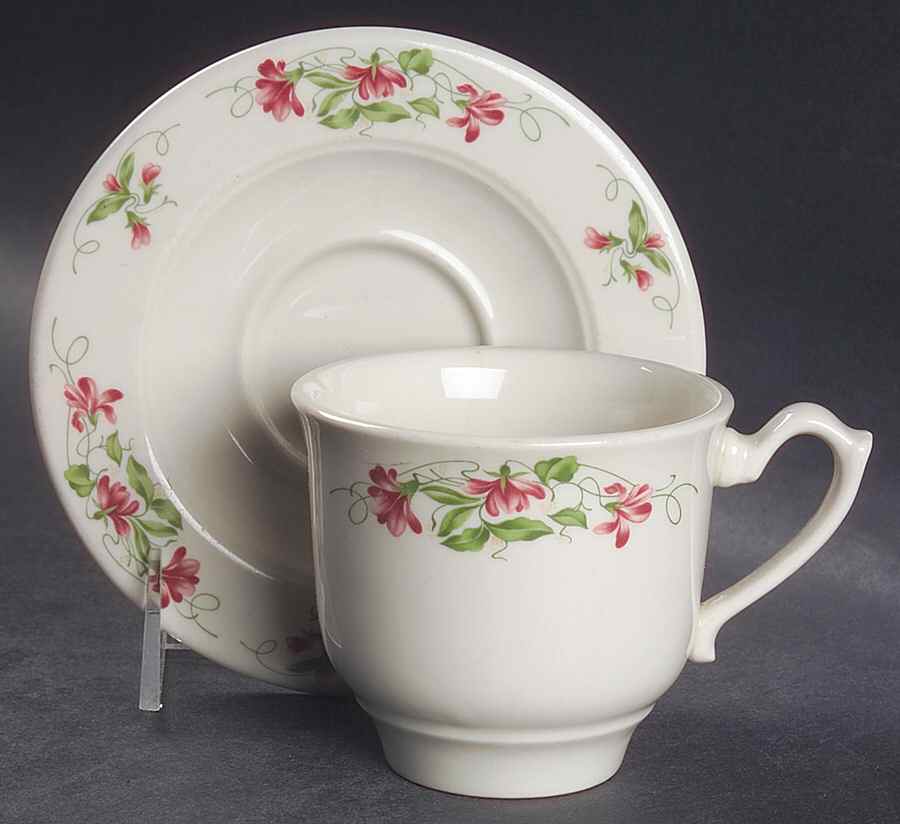 Pink Violets Flat Cup & Saucer Set by Homer Laughlin -1