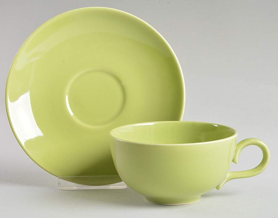 Rhythm Green (Chartreuse) Flat Cup & Saucer Set by Homer Laughlin -1