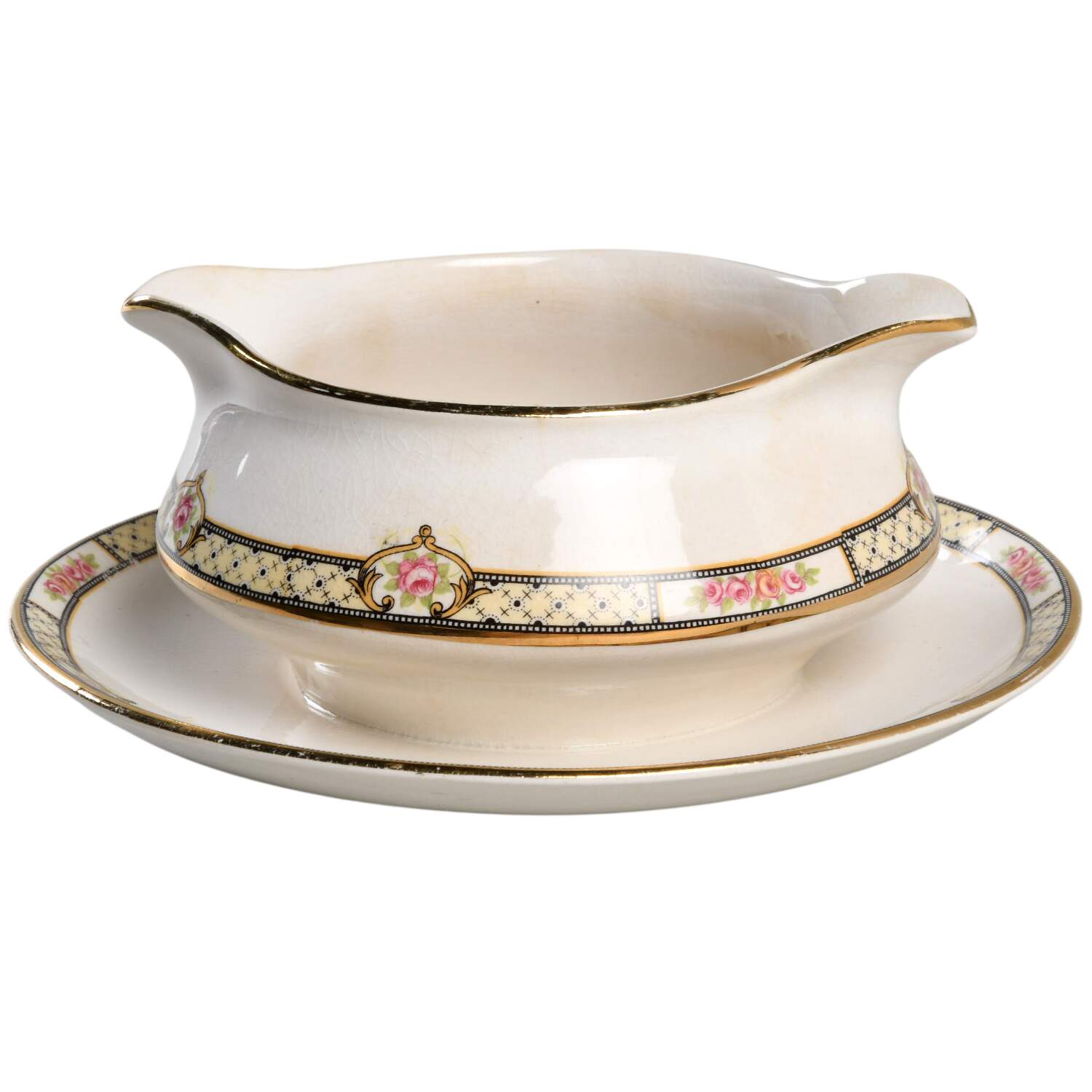 Rose & Lattice (Empress) Gravy Boat with Attached Underplate by Homer Laughlin -1