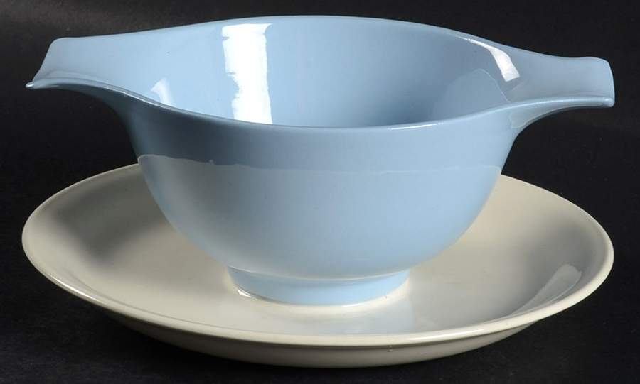 Skytone Blue (Undecorated) Gravy Boat with Attached Underplate by Homer Laughlin -1
