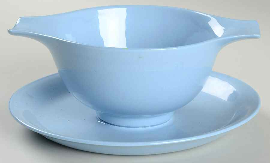Skytone Blue (Undecorated) Gravy Boat with Attached Underplate by Homer Laughlin -1