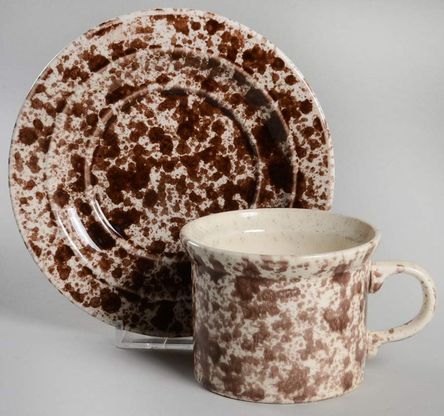 Splatter Brown Flat Cup & Saucer Set by Homer Laughlin -1