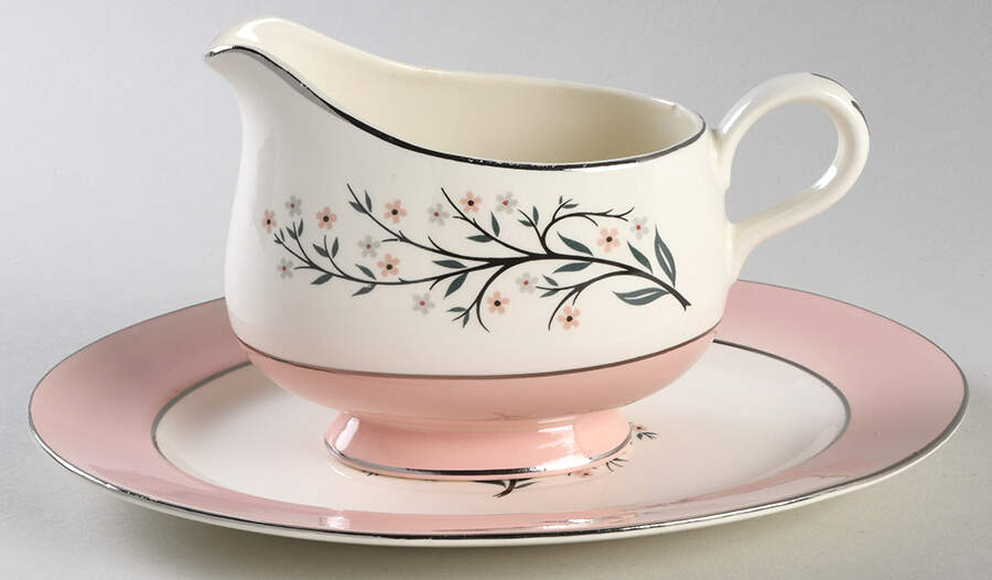 Springtime (Pink Rim, CV32) Gravy Boat & Underplate/Relish by Homer Laughlin -1