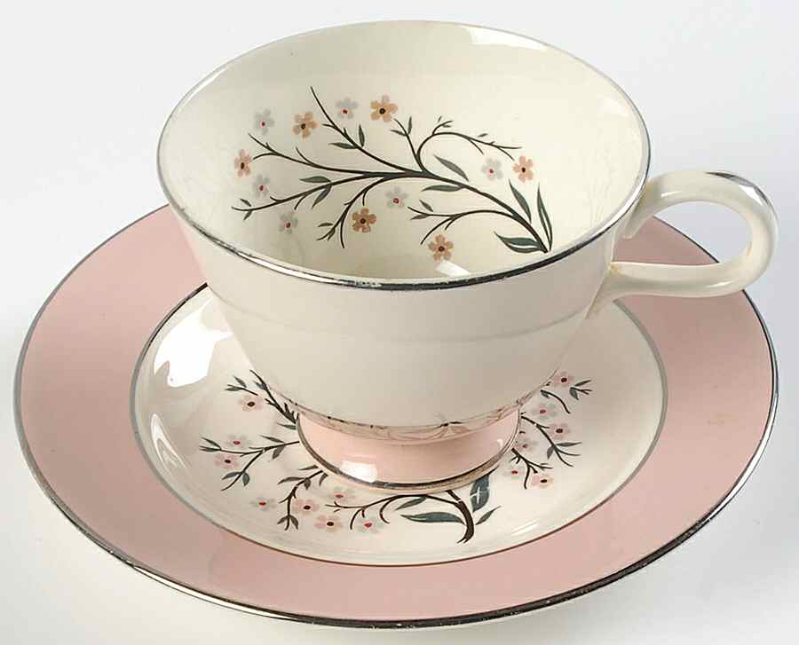 Springtime (Pink Rim, CV32) Footed Cup & Saucer Set by Homer Laughlin -1