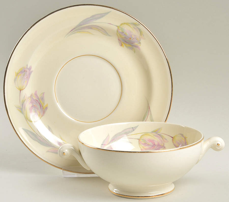 Tulip (Eggshell Nautilus) Footed Cream Soup Bowl & Saucer Set by Homer Laughlin -1