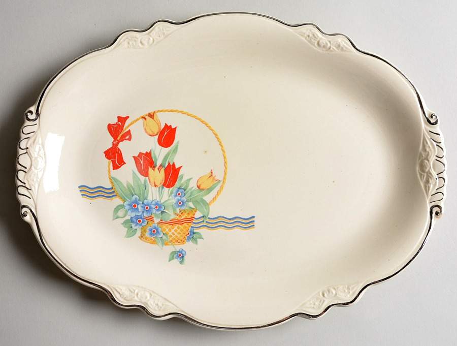Tulips In A Basket 13" Oval Serving Platter by Homer Laughlin -1
