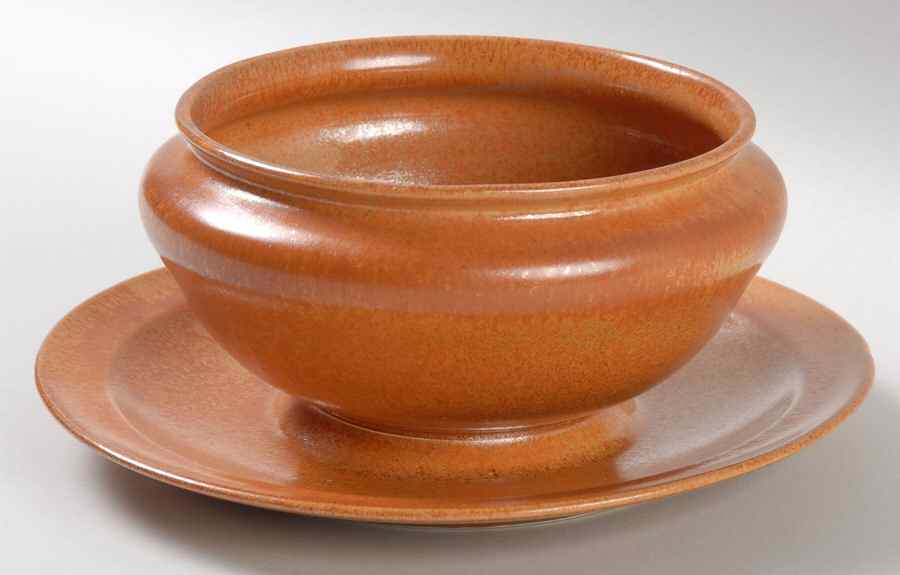 Wells Art Glaze Rust Gravy Boat with Attached Underplate by Homer Laughlin -1