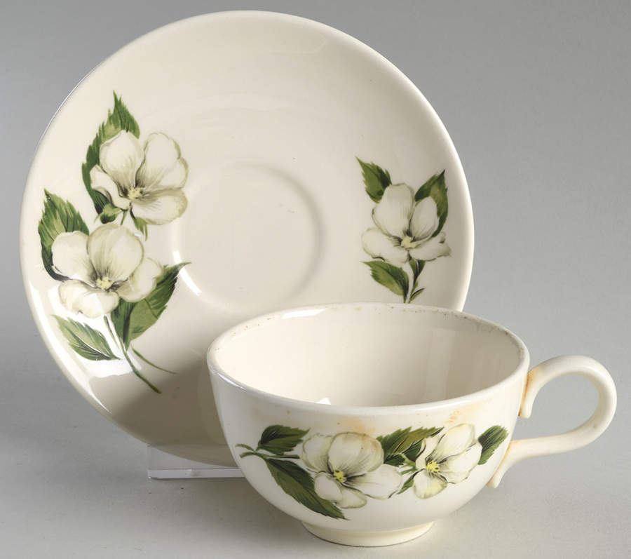 White Flower Flat Cup & Saucer Set by Homer Laughlin -1