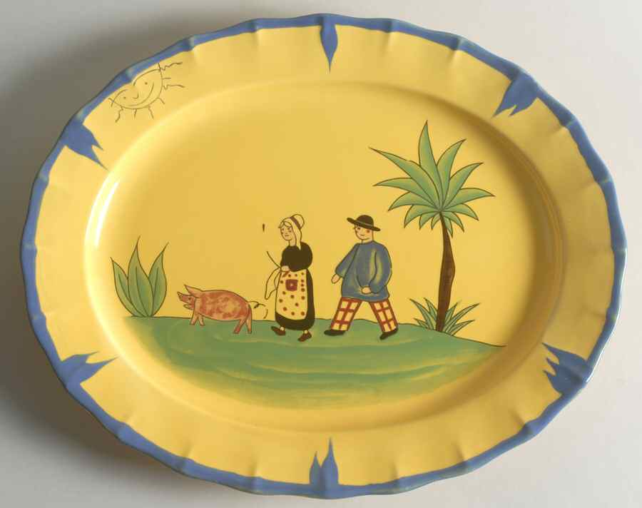 Soleil Yellow and Blue 15" Oval Serving Platter by Haldon-1