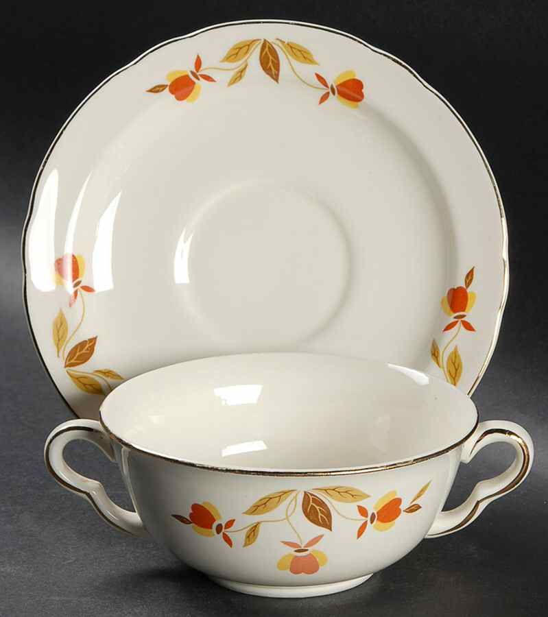 Autumn Leaf Ruffled D Flat Cream Soup Bowl & Saucer Set by Hall-1