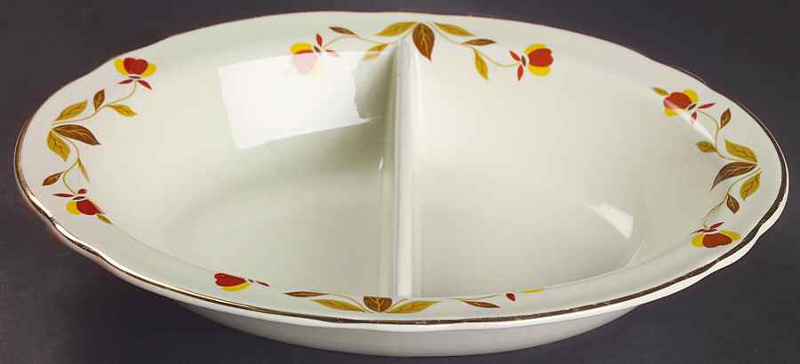 Autumn Leaf 10" Ruffled D Style Oval Divided Vegetable Bowl by Hall-1