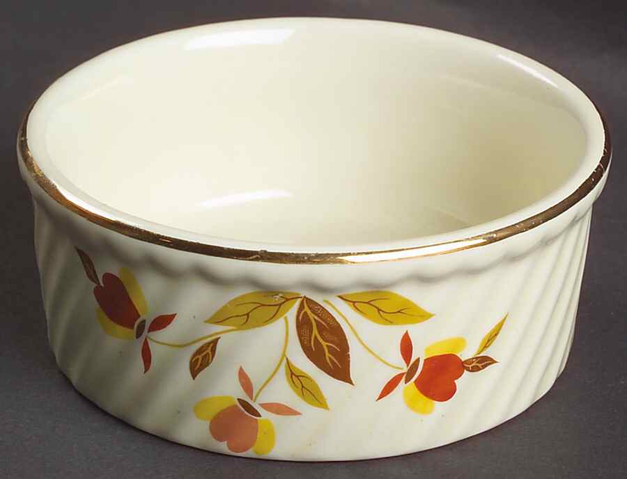 Autumn Leaf #499 4" Round 10 Oz French Baker/Ind Souffl by Hall-1