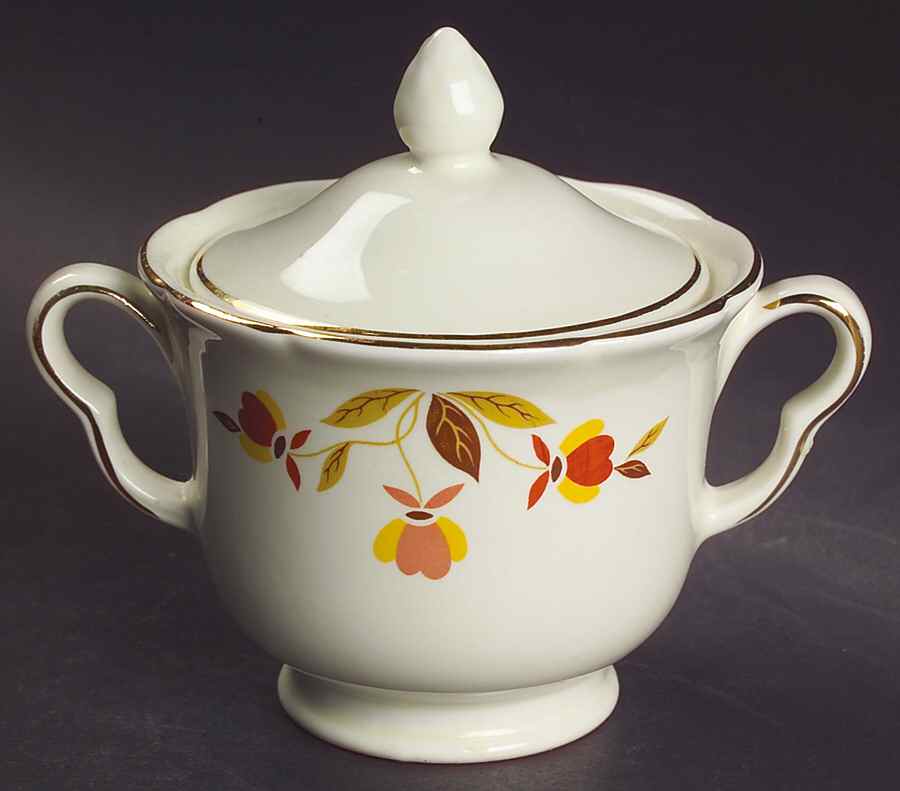 Autumn Leaf Ruffled D (40s) Sugar Bowl & Lid by Hall-1
