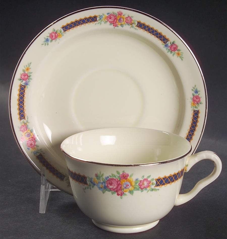 Blue Bouquet (Platinum Trim) Footed Cup & Saucer Set by Hall-1