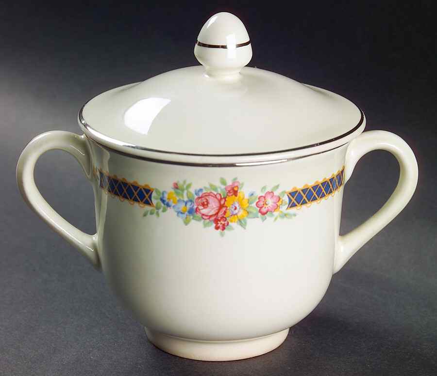 Blue Bouquet (Platinum Trim) Modern Shape Sugar Bowl & Lid by Hall-1
