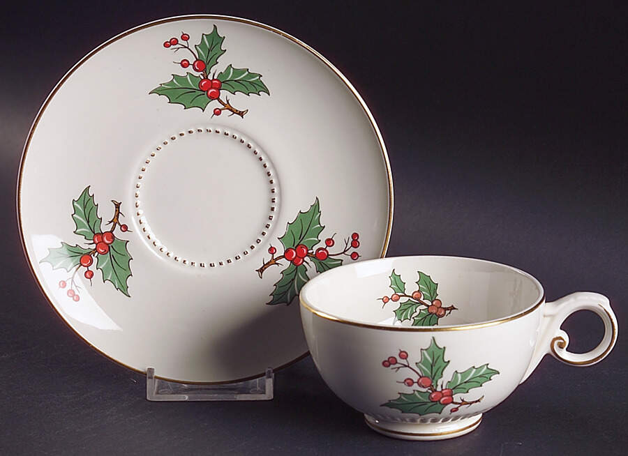 Christmas Tree & Holly Footed Cup & Saucer Set by Hall-1