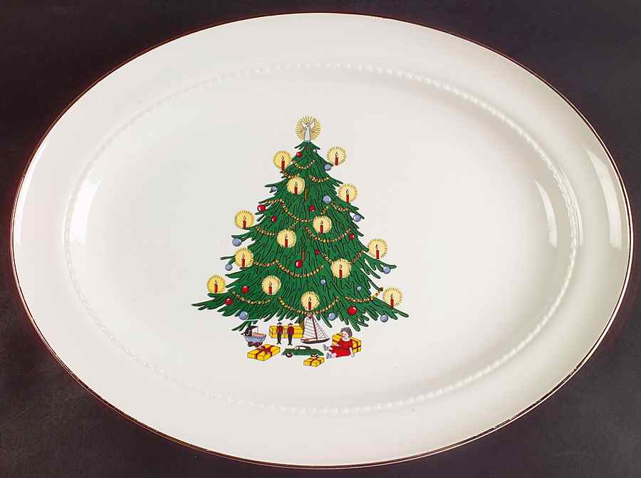 Christmas Tree & Holly 15" Oval Serving Platter by Hall-1
