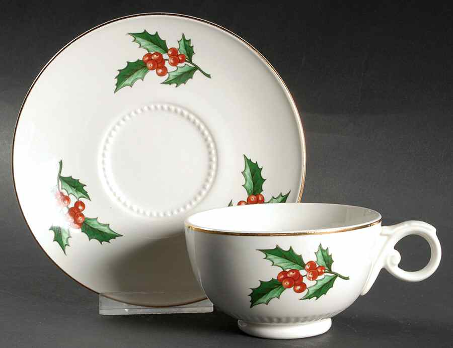 Christmas Tree & Holly Footed Cup & Saucer Set by Hall-1